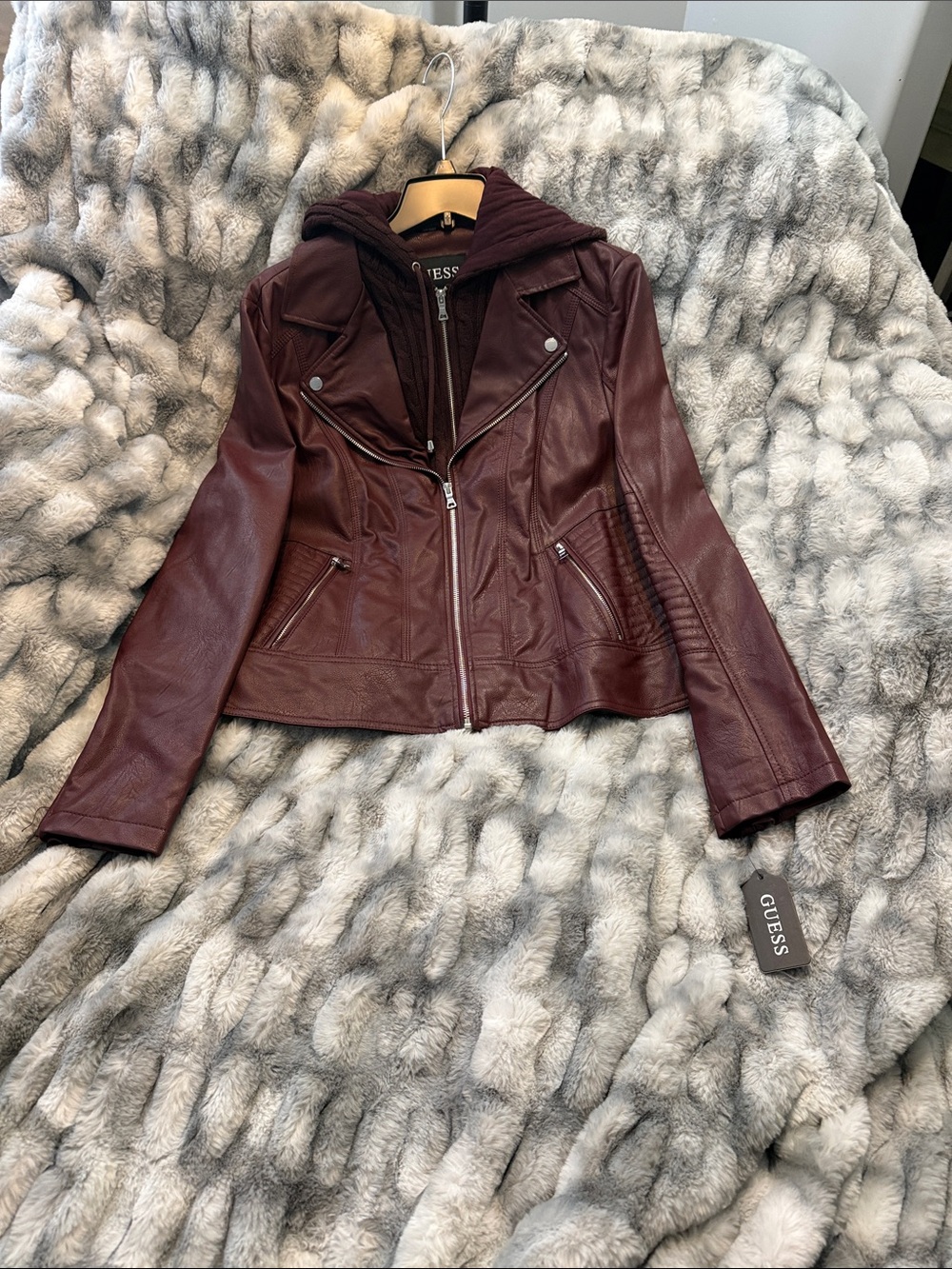 NWT Guess Women's Burgundy Faux Leather Moto Jacket with Hoodie